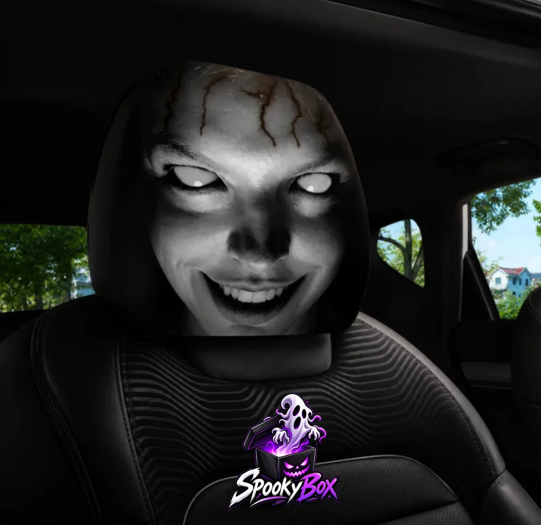 Haunted headrest cover fitted on a car seat